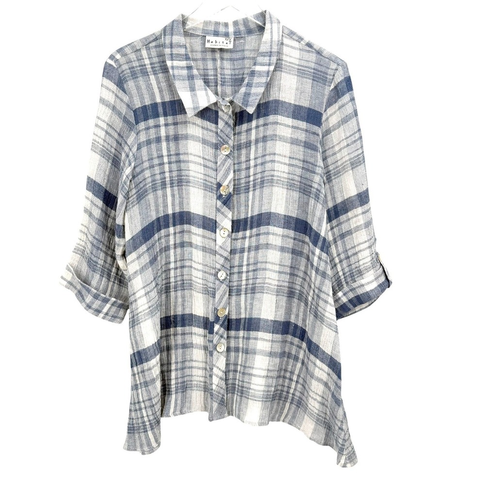 Habitat Blue White Plaid Linen Blend Button Up Shirt Size S Tunic Top Textured